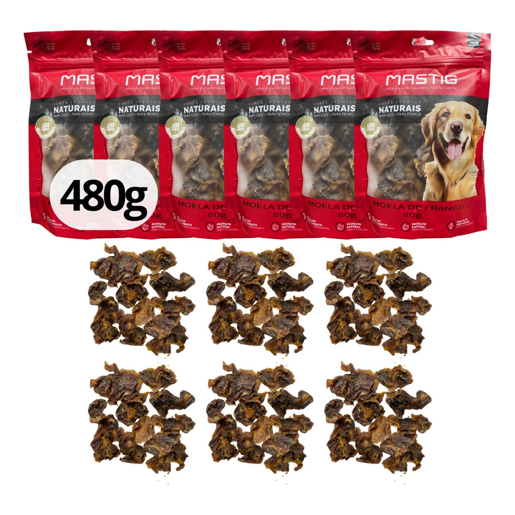Kit 6 Petisco Natural Moela De Frango Desidratada Mastig 80g