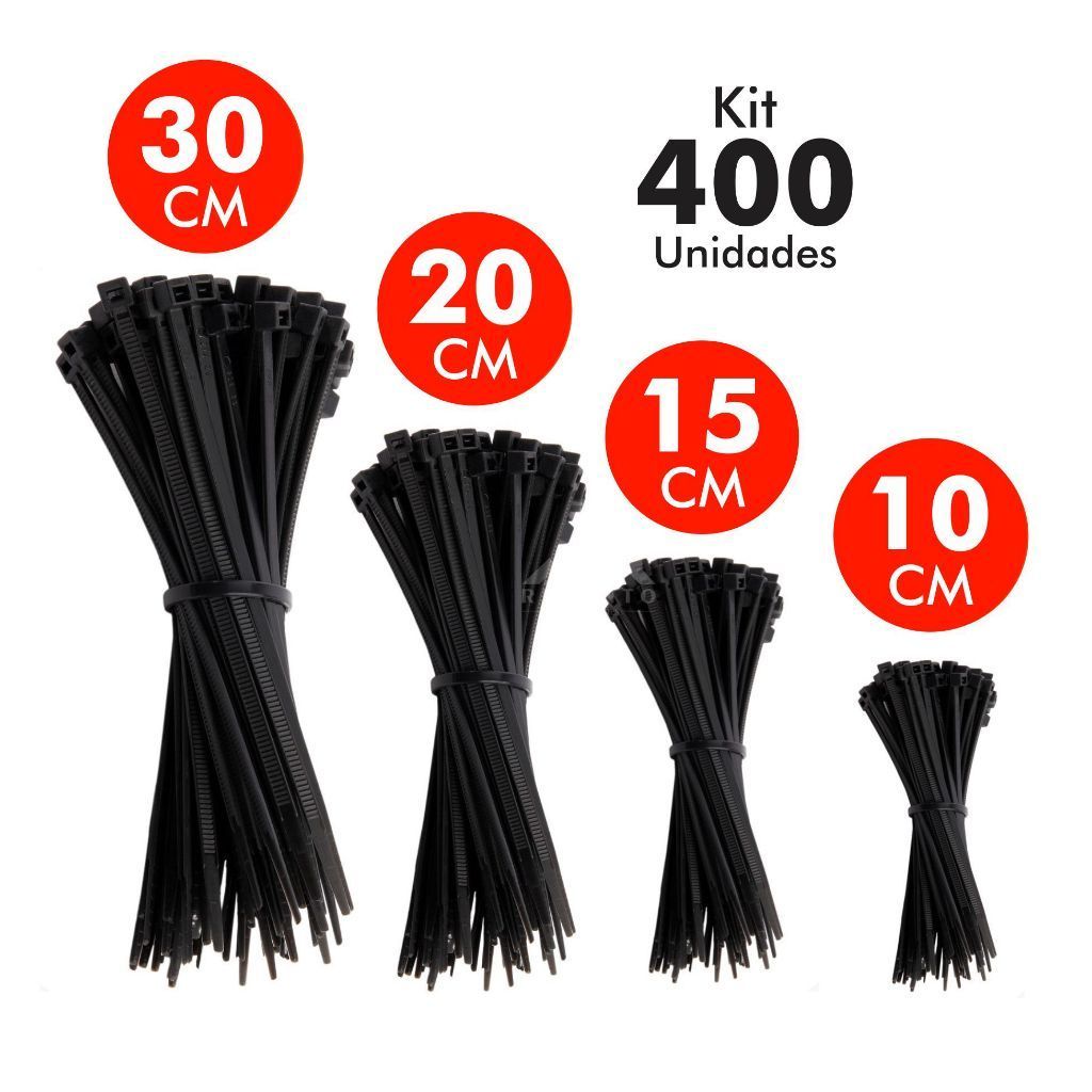 Kit 400 Abraçadeira de Nylon Enforca Gato Braçadeira Cintas Plásticas 10/15/20/30cm -Preta/Branca