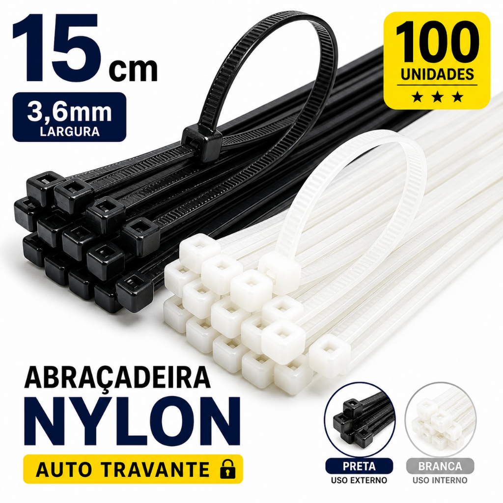 100 Abraçadeira Nylon 15cm 3,6mm Alta Resistência UV Auto Travante Para Cabos Fios (Preta e Branca)