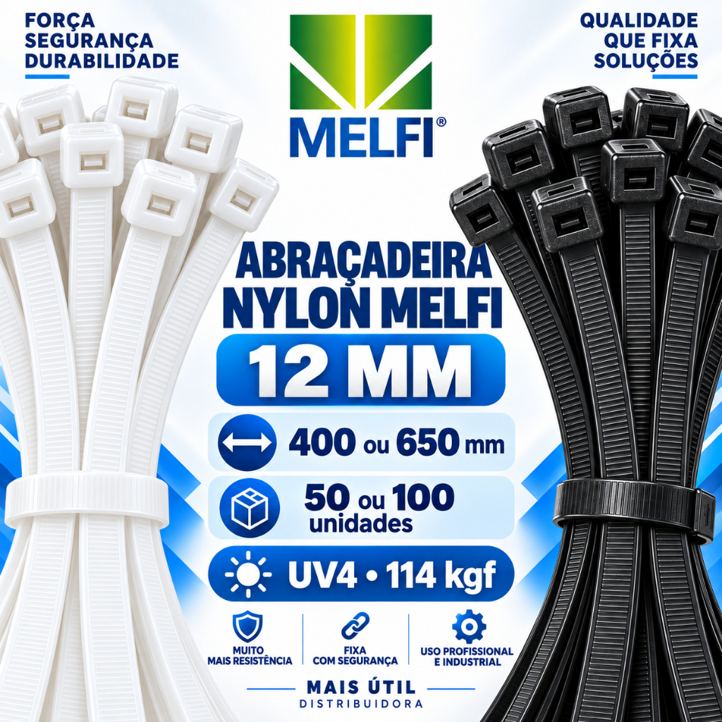 Abraçadeira Nylon Melfi 12mm 400/650mm 114kgf UV4 Autotravante Preta/Branca 50/100 Un