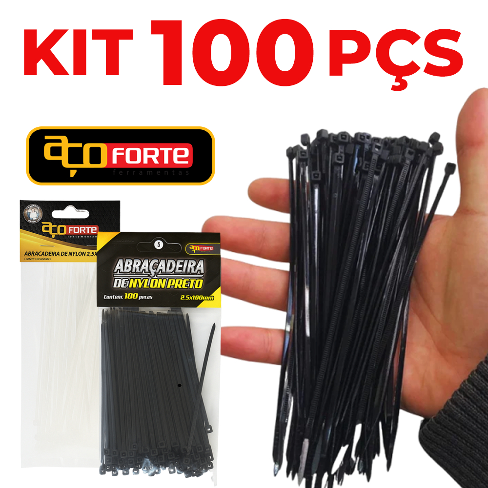Kit 100 Abraçadeiras Hellerman De Nylon Branca e Preta 2,5x145mm 2,5x100mm