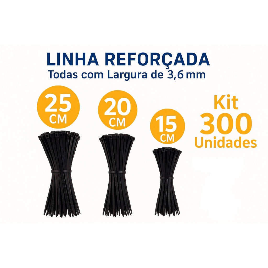 Kit 300 Unidades 15 20 25 cm Abraçadeira Fita Hellerman Enforca Gato Fita Cinta Plástica Presilha Nylon Preta Branca