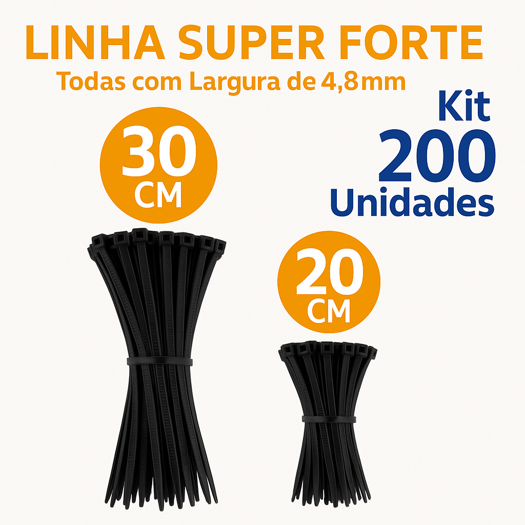 Kit 200 Unidades 20 30 cm Abraçadeira Fita Hellerman Enforca Gato Fita Cinta Plástica Presilha Nylon Preta Branca