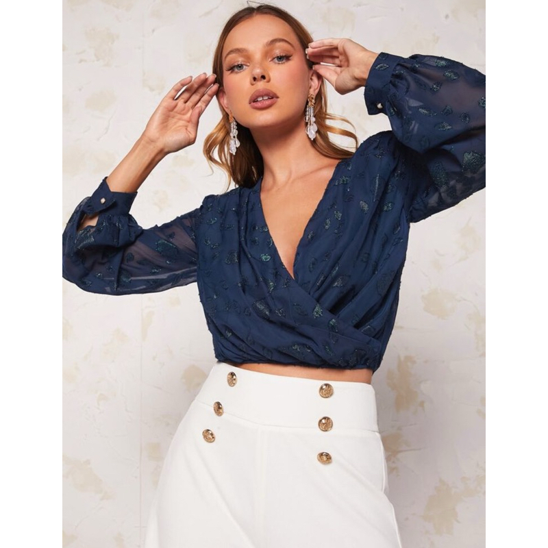 Blusa Jacquard Manga da lanterna Colar de sobreposição Chiffon