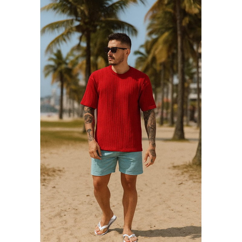Camiseta CasualCool Oversized casual masculina de verão de malha Jacquard texturizada