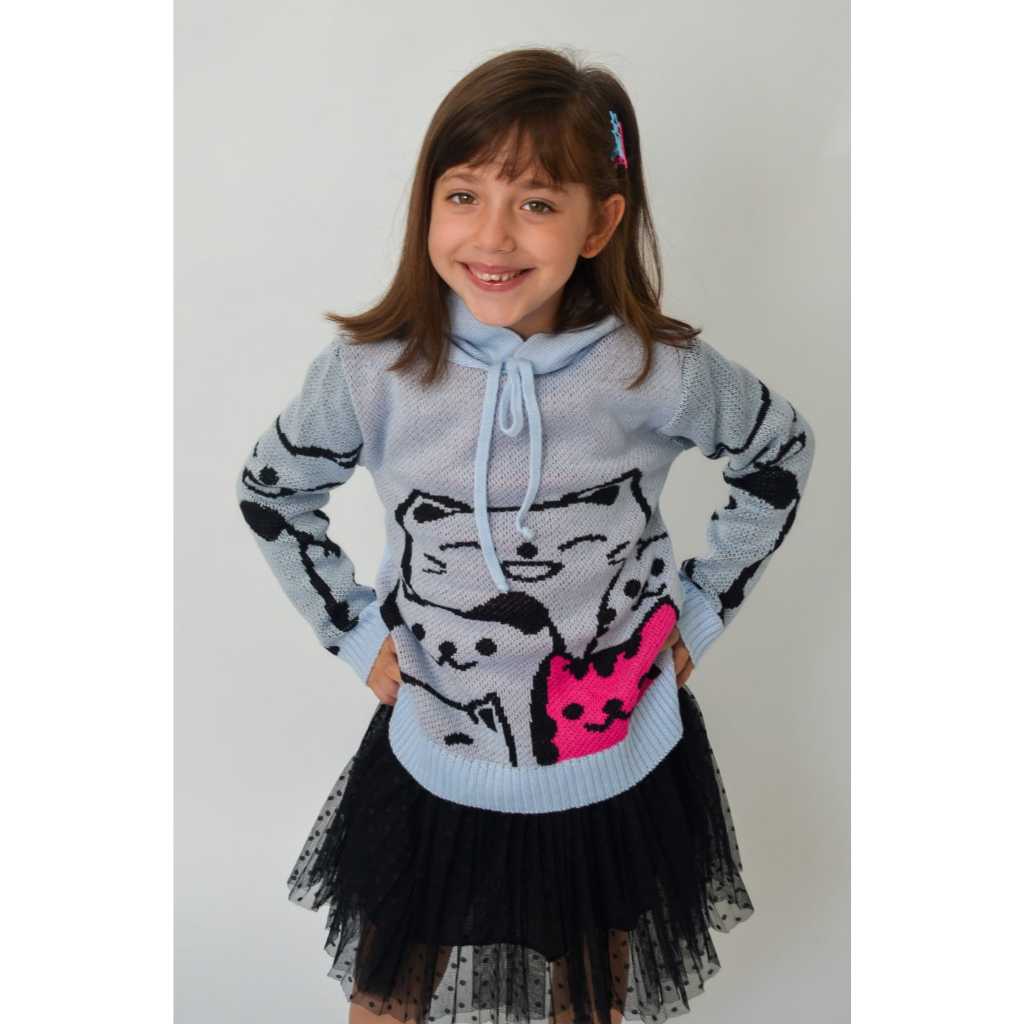 Blusa Moleton Capuz Gatinhos Infantil Feminina Menina Tricô Jacquard Manga Longa