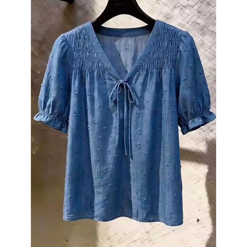 [Novidades] Camisa feminina de manga curta com decote em V e laço, tecido Jacquard azul, capa solta, barriga, verão, Top