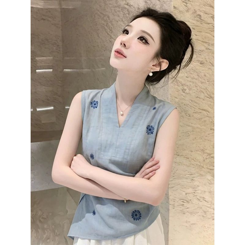 [Seckill por tempo limitado] Colete francês lindo Jacquard azul com decote em v camisa sem mangas, Design de verão nicho