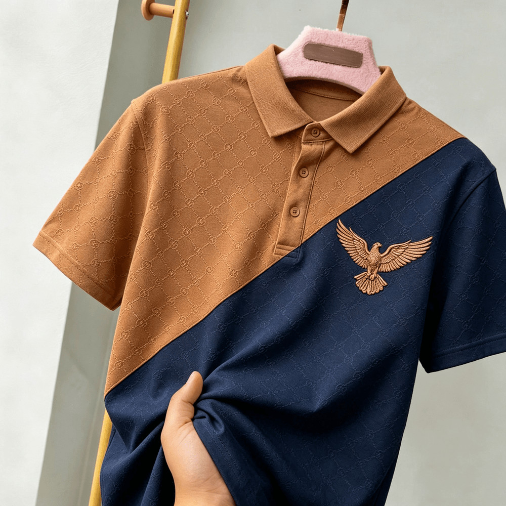 Camisa Polo Masculina De Manga Curta , Cor Diagonal Emendada , Bordado Golden Eagle No Peito Direito , Jacquard Paisley