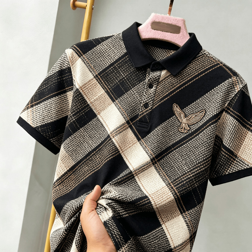 Camisa Polo Masculina De Manga Curta , Cor Diagonal Emendada , Bordado Golden Eagle No Peito Direito , Jacquard Paisley