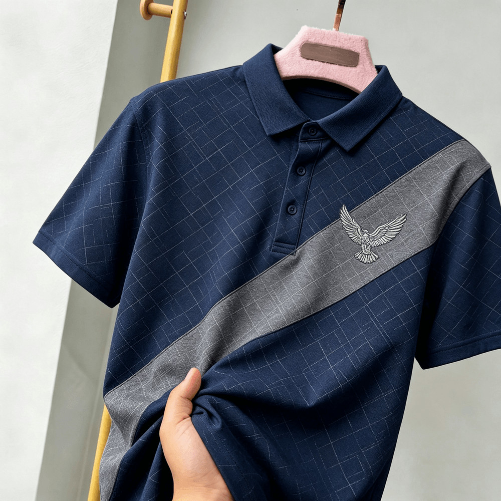 Camisa Polo Masculina De Manga Curta , Cor Diagonal Emendada , Bordado Golden Eagle No Peito Direito , Jacquard Paisley