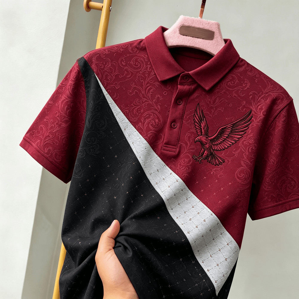 Camisa Polo Masculina De Manga Curta , Cor Diagonal Emendada , Bordado Golden Eagle No Peito Direito , Jacquard Paisley