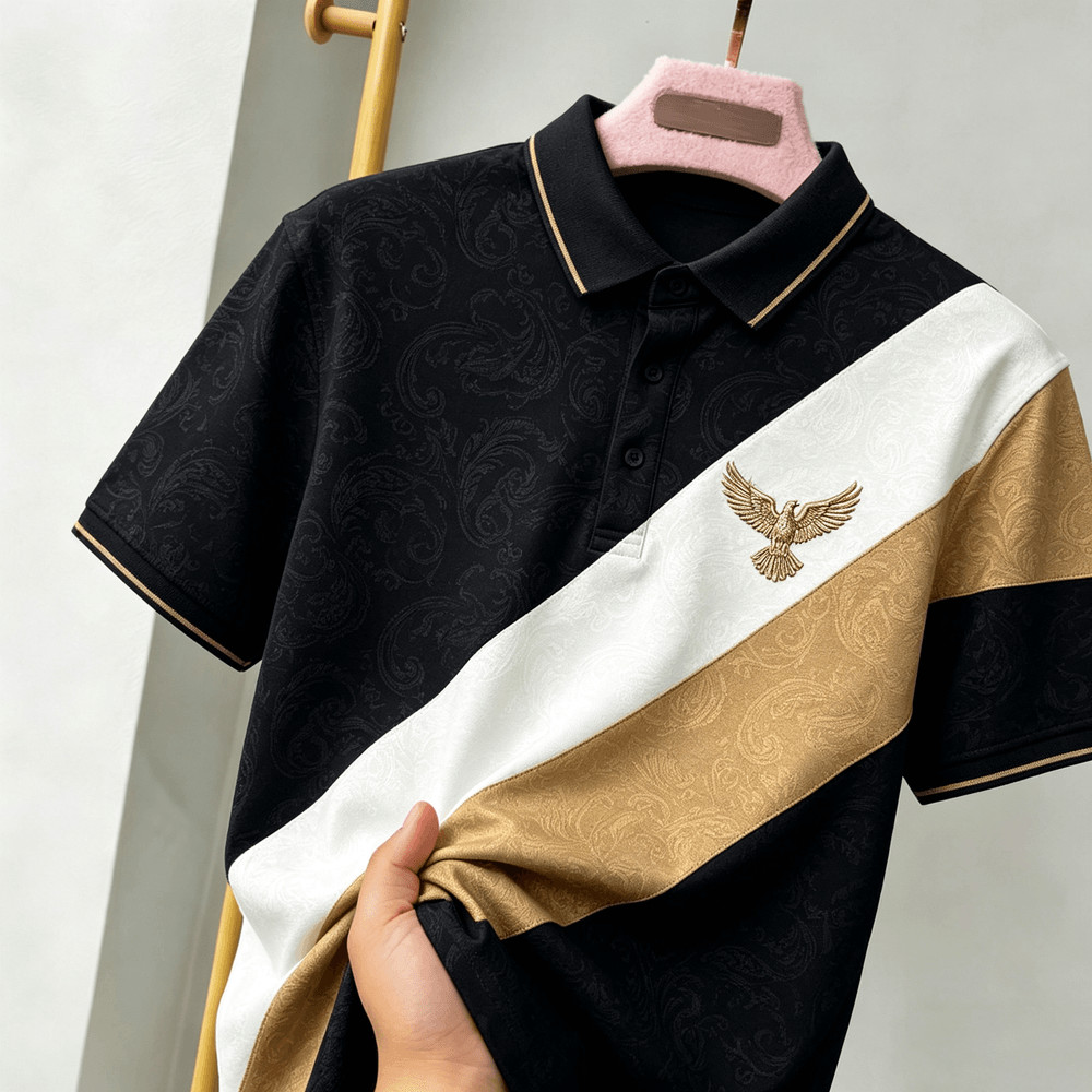 Camisa Polo Masculina De Manga Curta , Cor Diagonal Emendada , Bordado Golden Eagle No Peito Direito , Jacquard Paisley