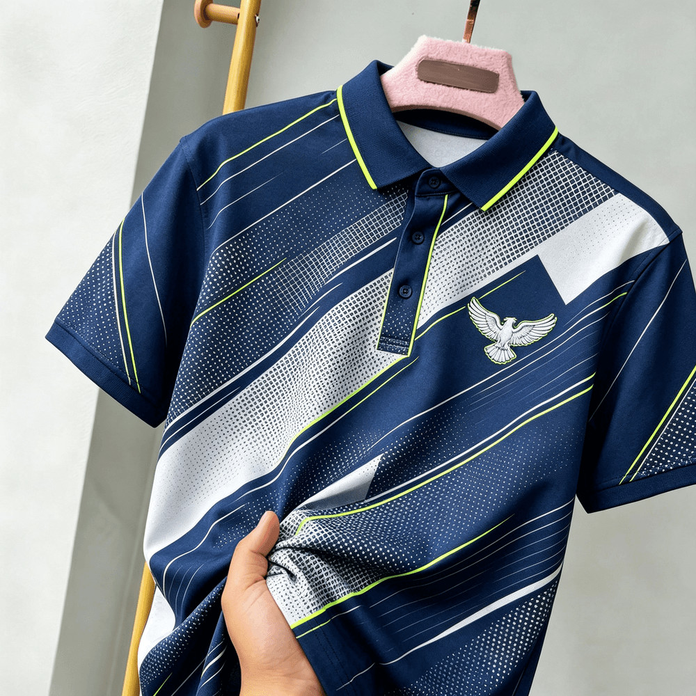 Camisa Polo Masculina De Manga Curta , Cor Diagonal Emendada , Bordado Golden Eagle No Peito Direito , Jacquard Paisley