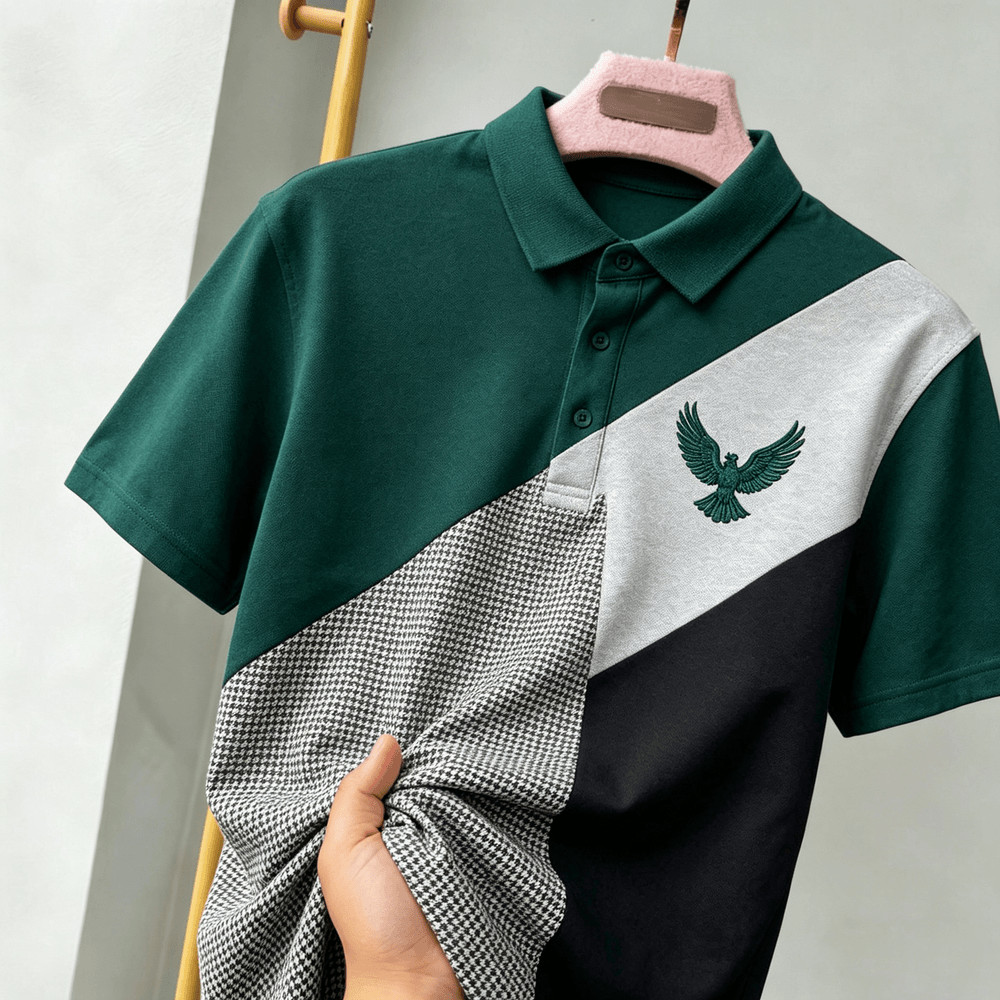 Camisa Polo Masculina De Manga Curta , Cor Diagonal Emendada , Bordado Golden Eagle No Peito Direito , Jacquard Paisley