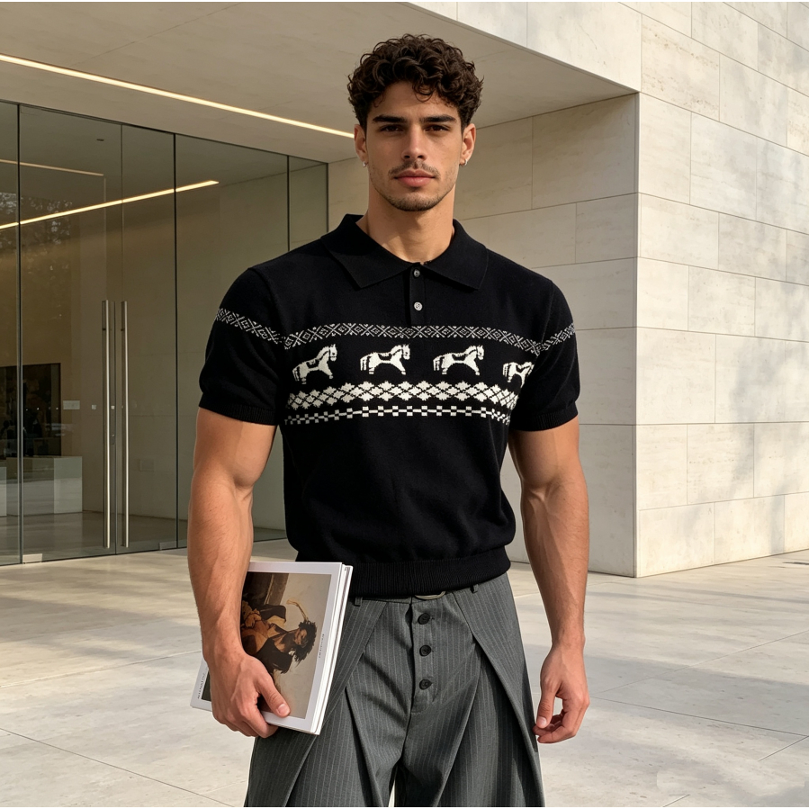 Camisa Masculina Polo Manga Curta Fair Isle Jacquard - Malha Estilo Old Money Verão
