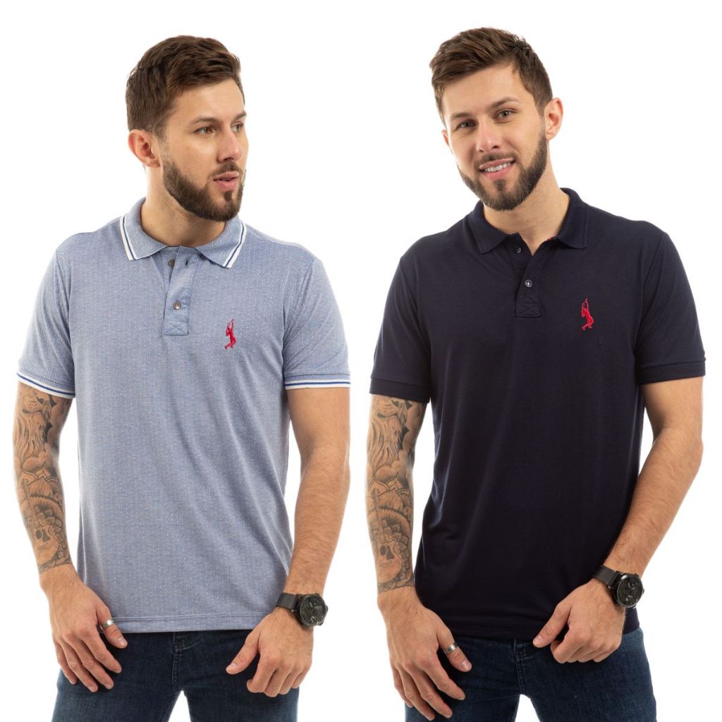 Kit 2 Camisas Polo Masculina Em Piquet Jacquard Manga Curta Tecnologia Controle De Suor