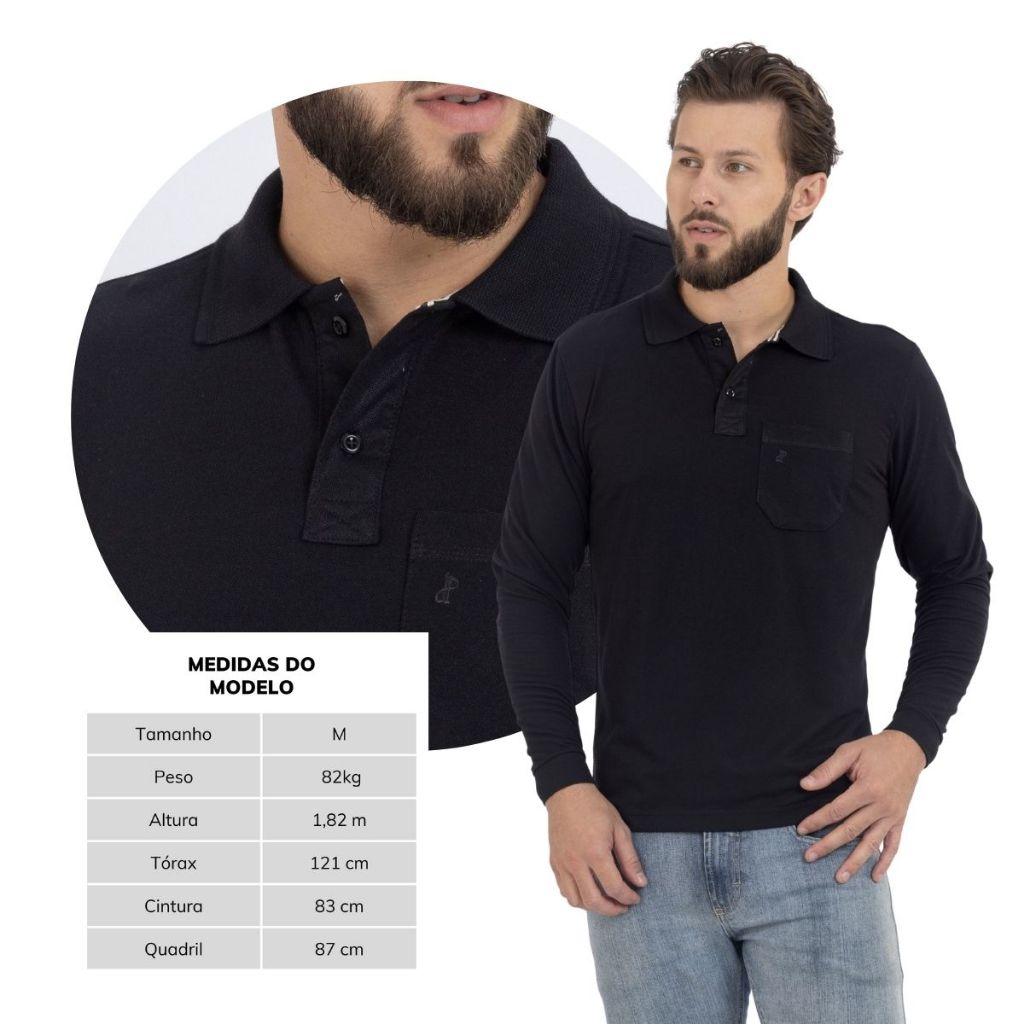Camisa Polo Manga Longa Bolso Masculina Piquet Jacquard Algodão Punho Casual não amassa Resistente