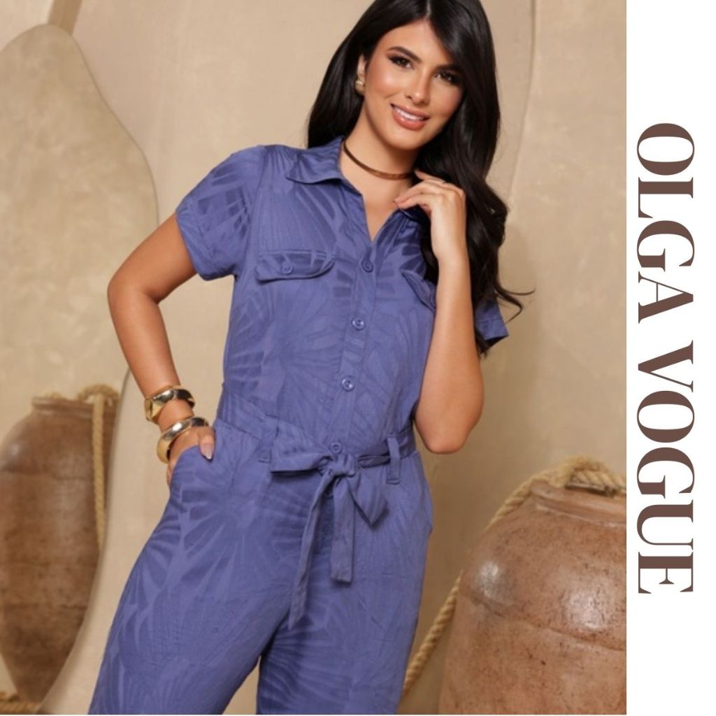 Macacão Longo Feminino Jacquard Manga Curta Com Botão E Gola Camisa Em Viscose Social Elegante