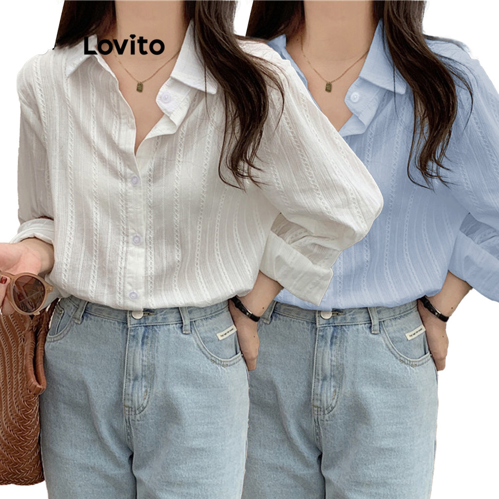 Lovito Elegante Blusa Lisa Jacquard Manga Comprida Blusa Feminina LNE27024 (Multicolorido)