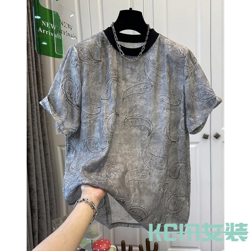 KCM High-End Infecção Mancha Jacquard Bordado Camisa de Chiffon de Manga Curta Top Feminino Gola Redonda Contraste Cor C