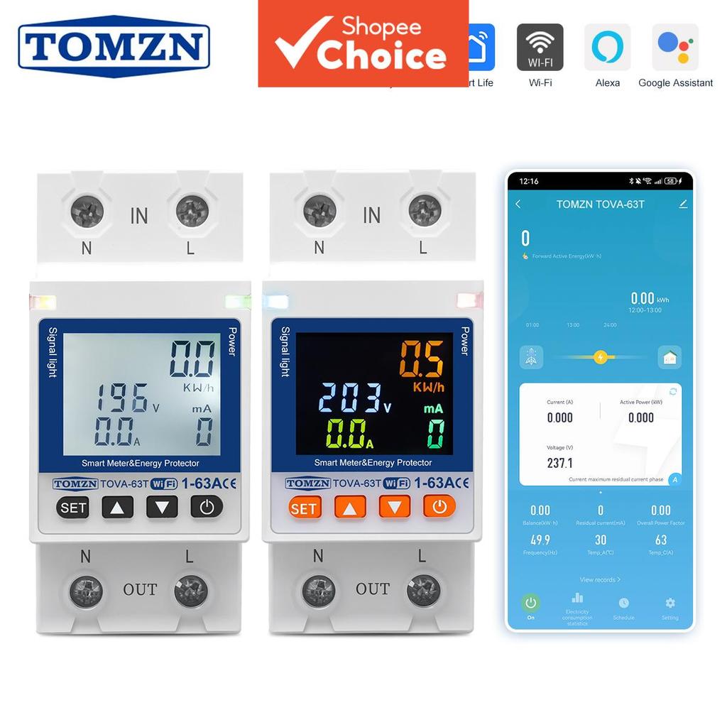 Disjuntor Inteligente Tomzn 63A 110V 220V Smartlife Para Tuya WiFi Medidor De Energia Temporizador De Medição Com Tensão