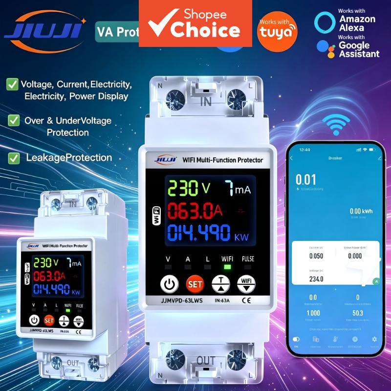 Interruptor Inteligente JIUJI Novo para Medidor de Energia Tuya, Disjuntor 63A com Temporizador e Proteção contra