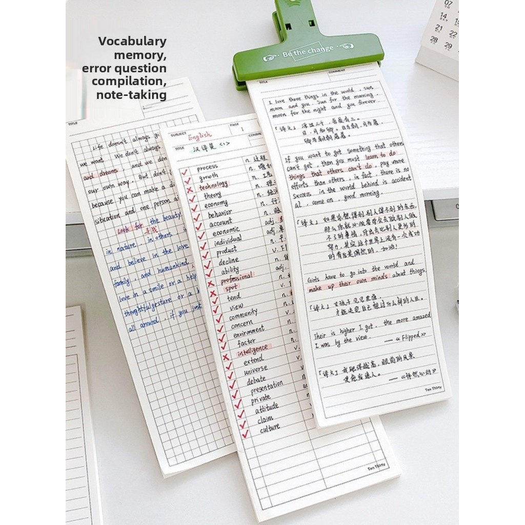 Bloco de Notas em Tira Longa para Memorização de Vocabulário, Classificação de Erros, Anotações, Papel Quadriculado,