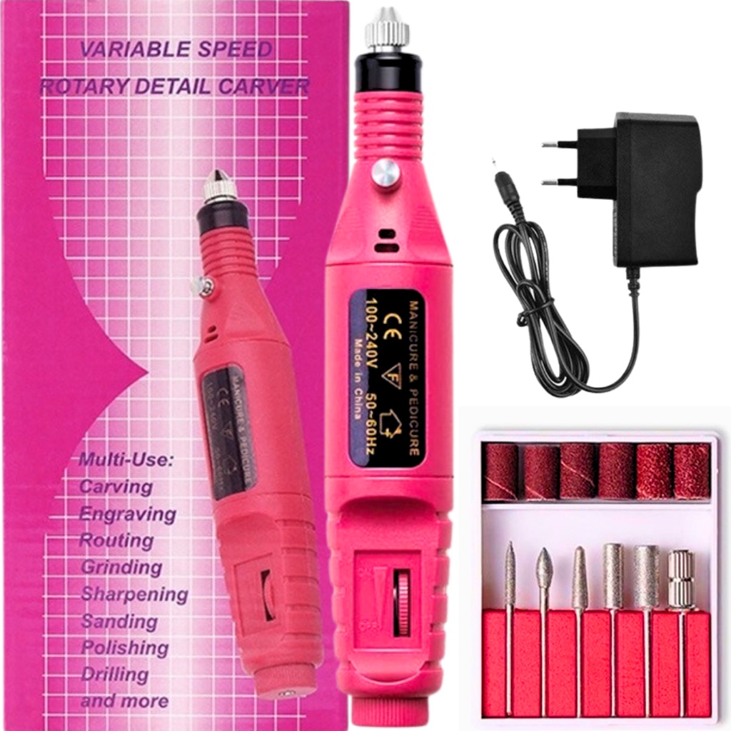 Lixadeira Lixa Elétrica Motor Unha Aparelho Lixador Profissional Bivolt 110v - 220v Portátil Manicure Motorzinho Rosa