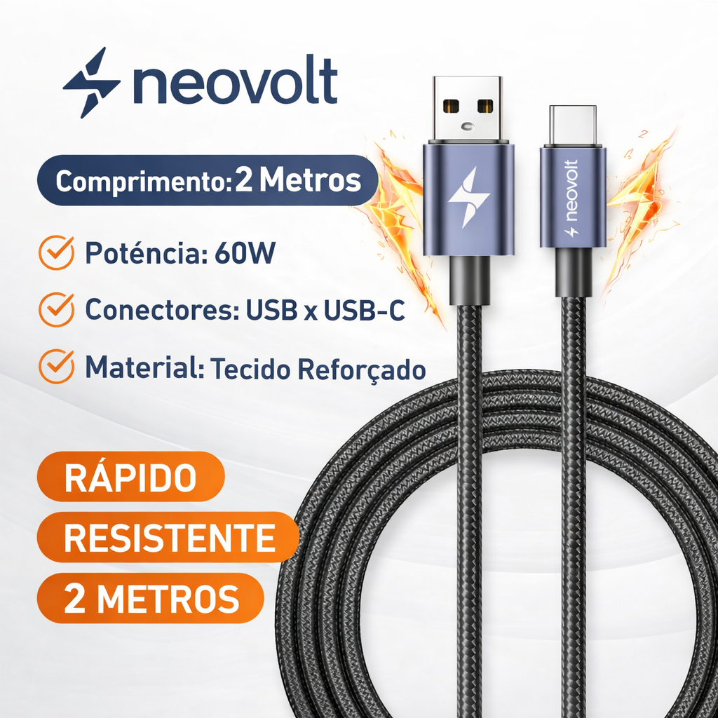 Cabo Tipo-C x USB Turbo 60w 5A de 2 Metros com Acabamento em Tecido trançado - Neovolt