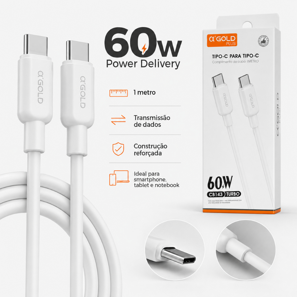 Cabo USB-C para USB-C 60W A'Gold Turbo CB143