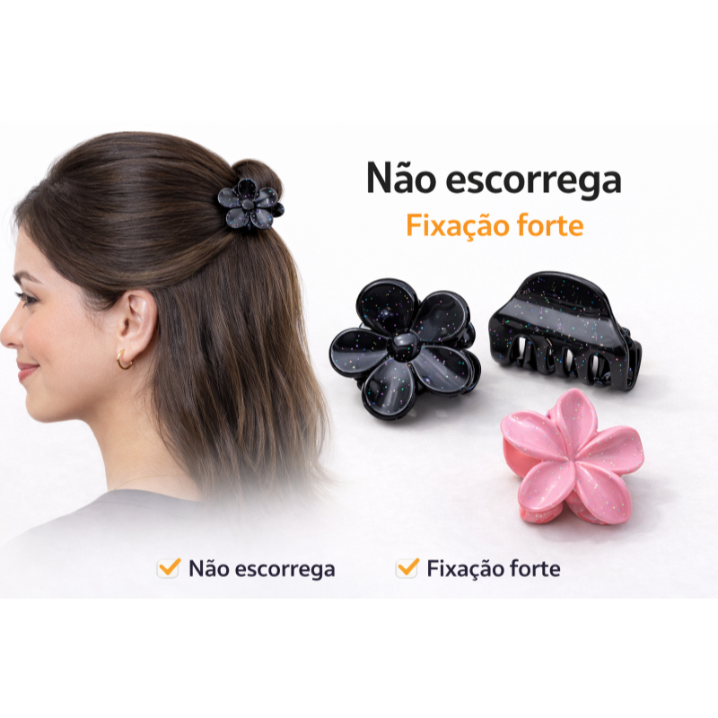 Kit 3 Prendedores de Cabelo Mini Feminino – Forte Fixação Plástico Resistente Não Escorrega