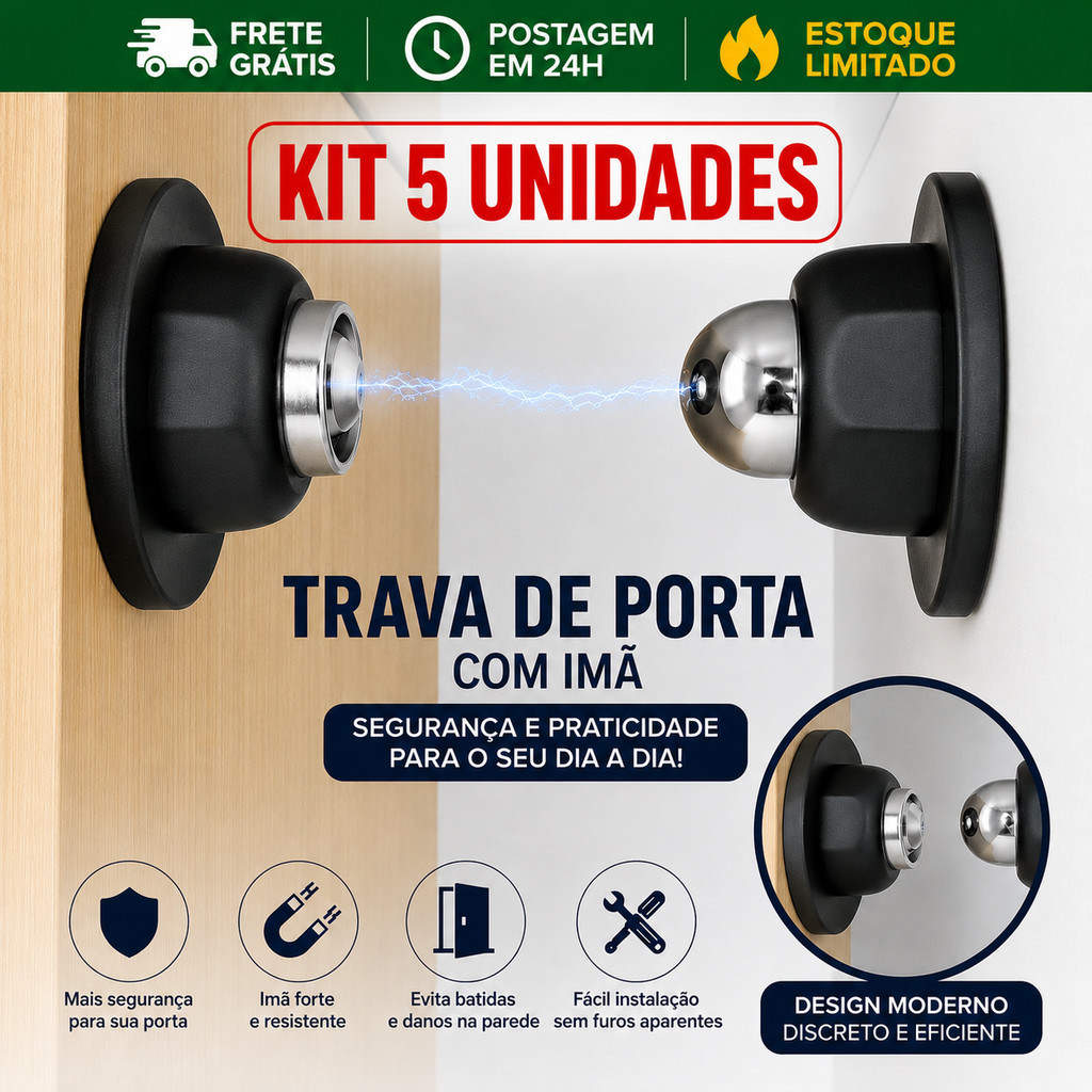 Kit 5 Prendedor Trava Magnética Premium para Porta com Imã Super Forte inox Envio imediato