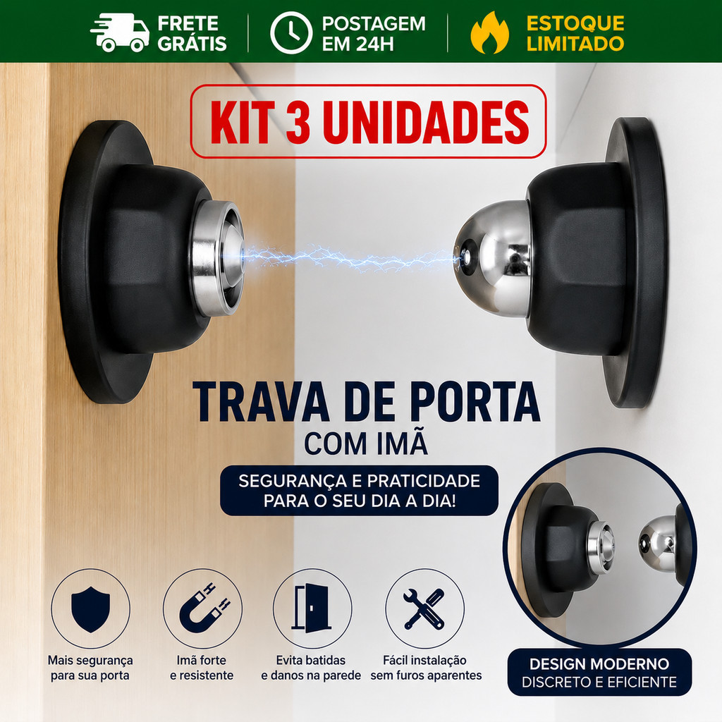 Kit 3 Prendedor Trava Magnética Premium para Porta com Imã Super Forte inox Envio imediato