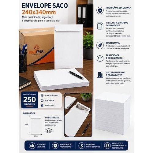 Caixa 250 Envelopes Plastico Resistente 24x34 Cm Branco Envio Protegido