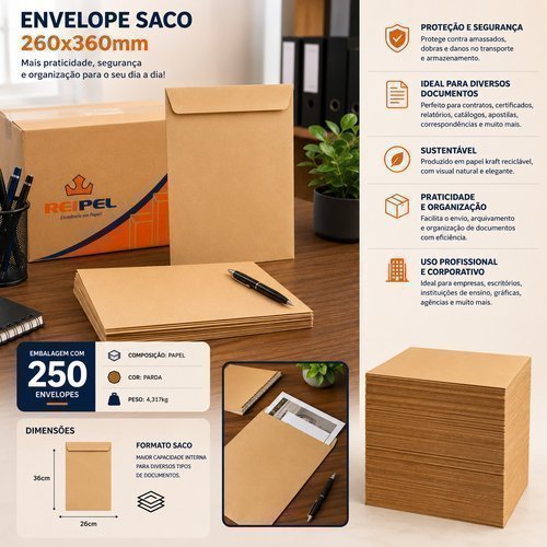 Caixa 250 Envelopes Tamanho 260x360mm Parda Resistente Envio Manual Protecao