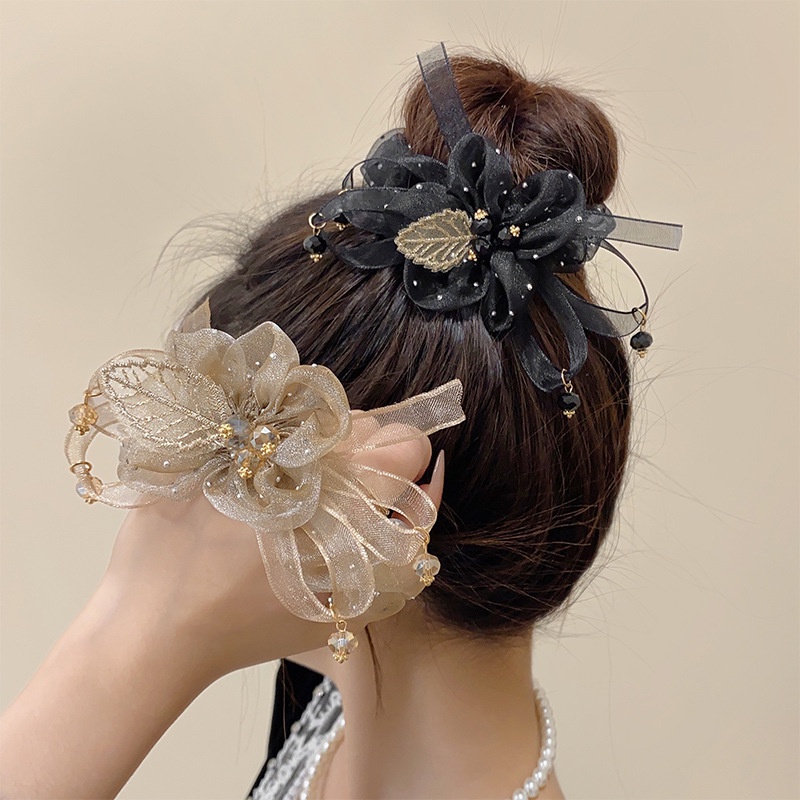 Organza Flower Grande Círculo Capilar Intestino Costas Da Cabeça Fio De Rede Cabelo Coreano Fashion Hair Rope High Elastic Rubber Band Corda Amarrada Para Acessórios Feminino