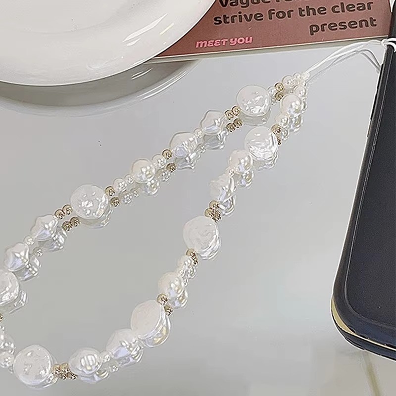 Coreano 3D Bonito Barroco Branco Pérola Contas Frisado Corrente De Telefone Para iPhone 16 Câmera Pendurado Corda Anti-P