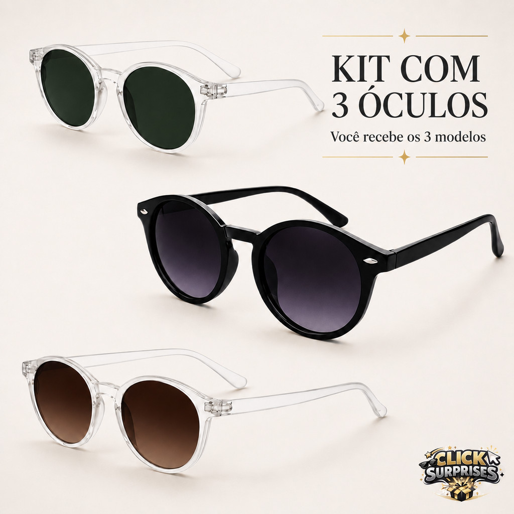 Kit 3 ou 2 Óculos de Sol Unissex Vintage Redondo Behave Várias Cores Estilo Retrô