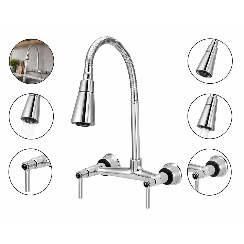 Torneira Misturador Cozinha Parede Gourmet Cone Duplo Jato Cromada Água Quente Fria Pia Modelar