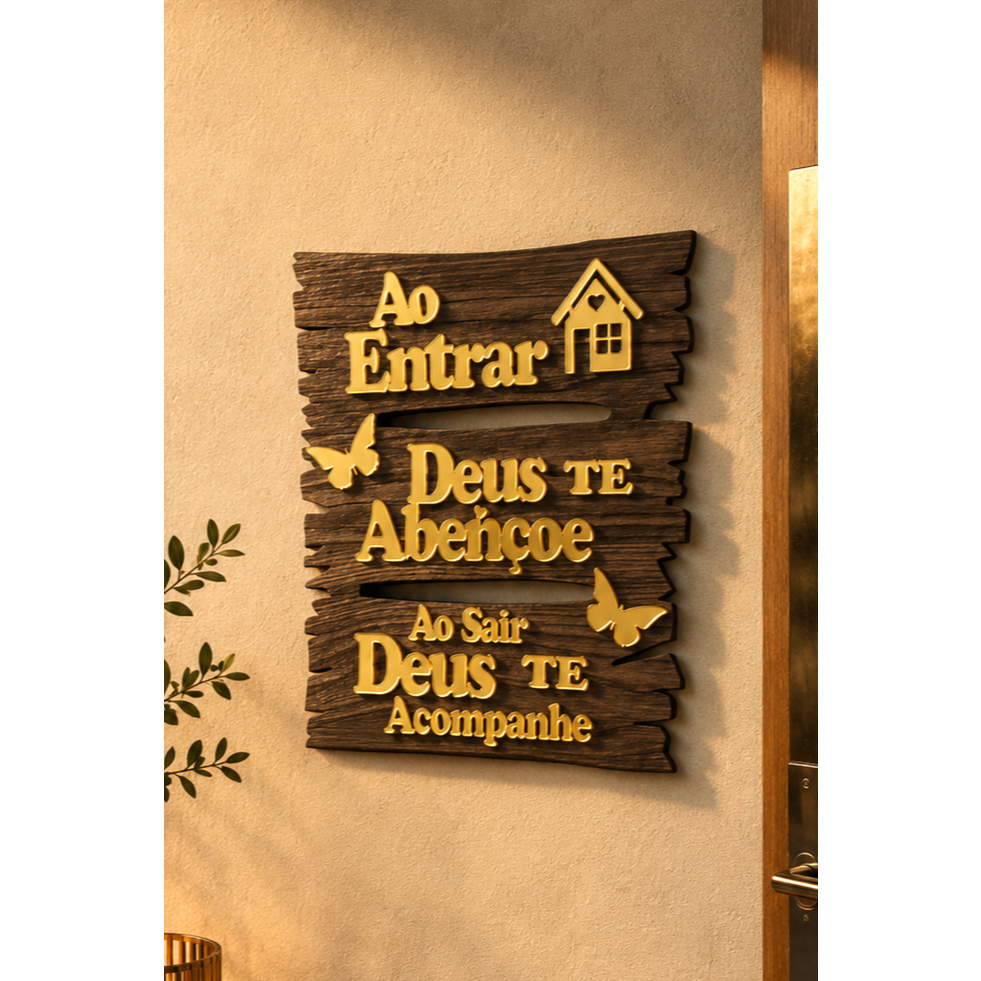 Placa de Porta Ao Entrar Deus Abençoe MDF Marrom Dourado