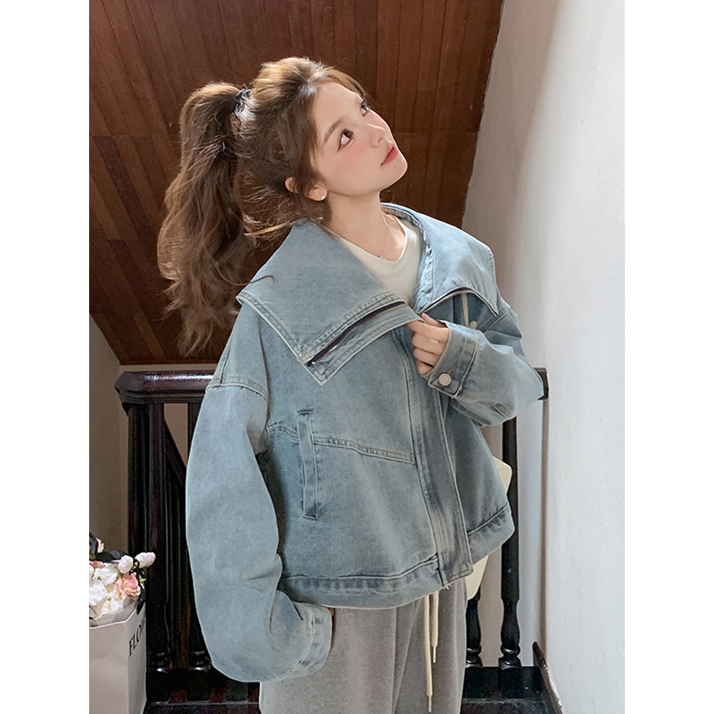 Retro estilo Hong Kong grande lapela Denim jaqueta feminina 2025 primavera novo estilo Design de moda sentimento tempera