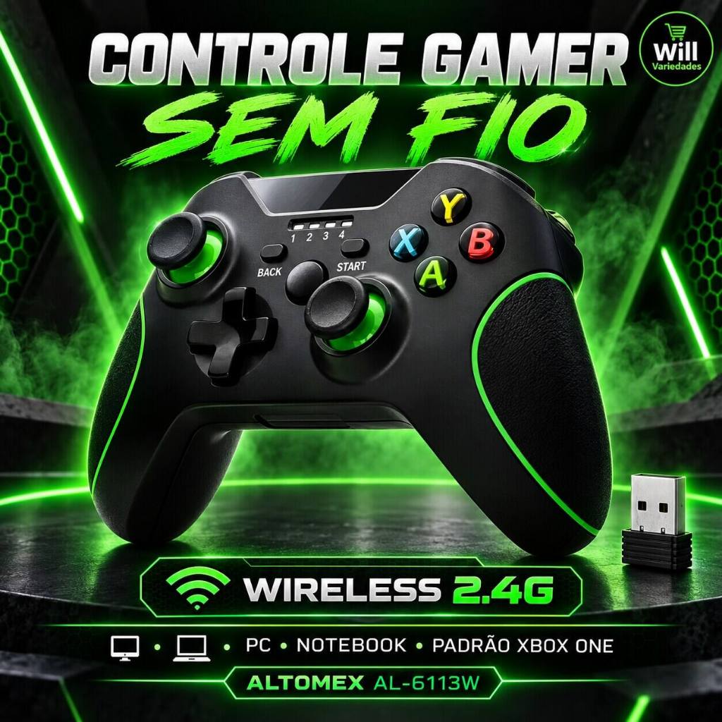 Controle Gamer Sem Fio Wireless 2.4G PC Notebook Xbox One Joystick com Receptor USB  Vibração Dupla