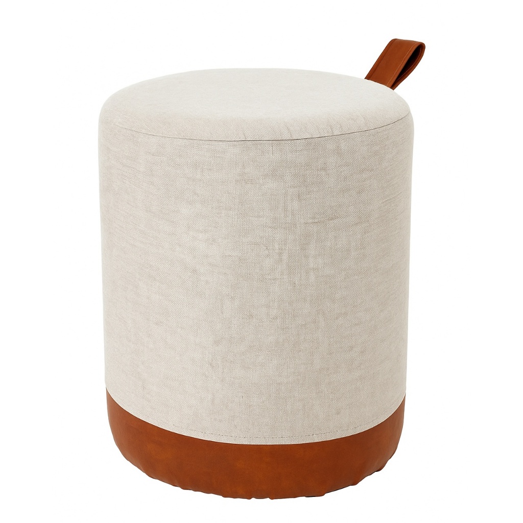 Puff Redondo Decorativo Bege  Detalhe em Couro Sintético  Moderno e Multifuncional