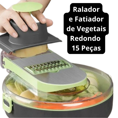 Ralador e Fatiador de Vegetais Redondo 15 Peças – Cinza com Verde, multifuncional