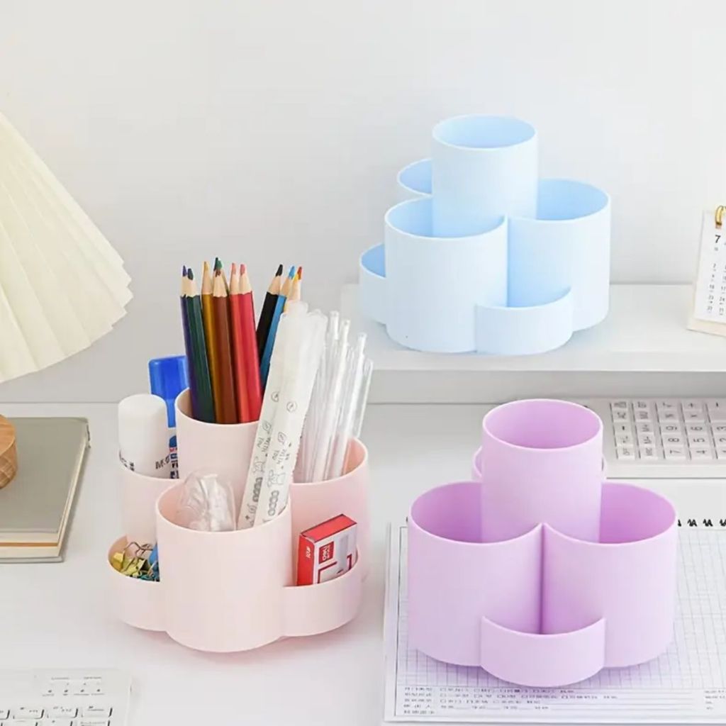 Organizador de Mesa Multi Divisórias Redondo Flor Giratório Porta Caneta Lápis Treco Multifuncional