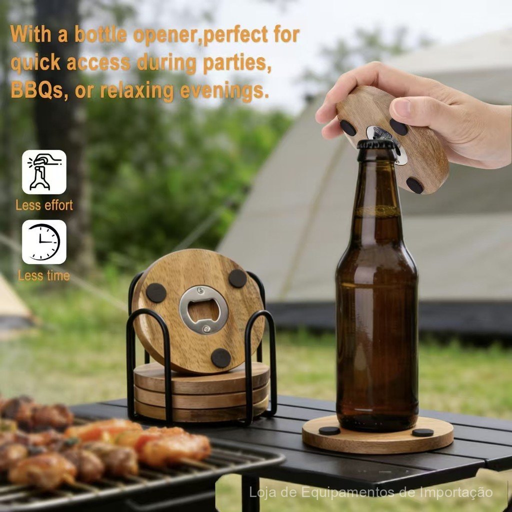 Abridor de garrafas de cerveja de madeira, suporte redondo multifuncional para copos, adequado para acampamentos e pique