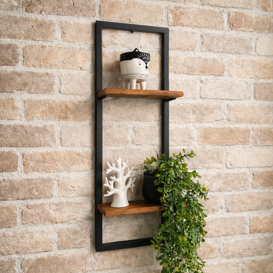 Prateleira Industrial de Parede em Ferro Preto com 1 Madeira Pinus Modelo Nicho