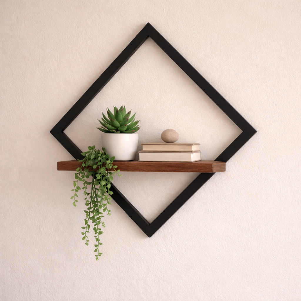 Prateleira Nicho Suspenso Losango Industrial Ferro Preto e Madeira Pinus – Decorativa Parede