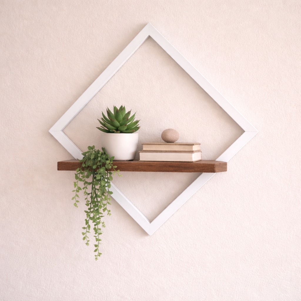 Prateleira Nicho Suspenso Losango Industrial Ferro Preto e Madeira Pinus – Decorativa Parede - Branco